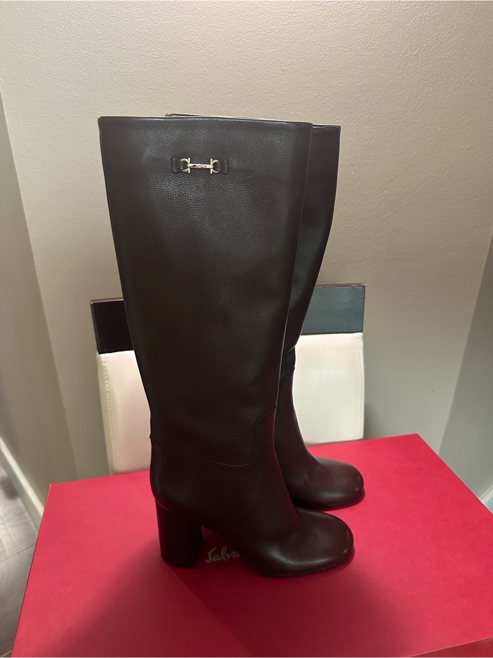 Salvatore Ferragamo Dark Brown Leather Knee Boots with Signature Bit - Picture 2 of 5